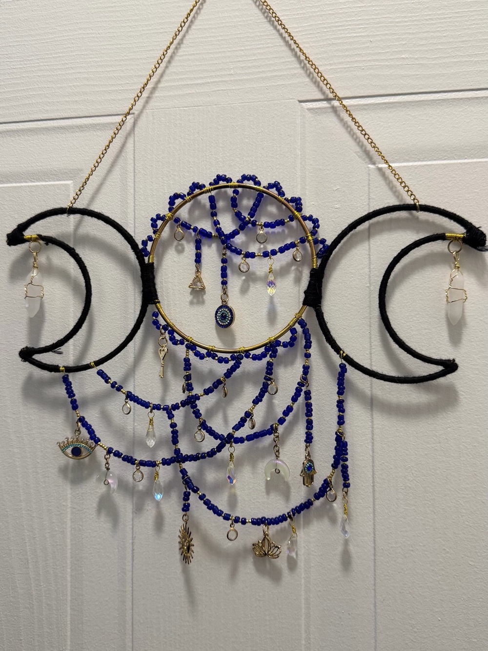 Handmade Blue Triple Moon Wall Hanging – Mystic Beaded Dreamcatcher